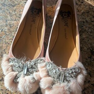 Pink Crystal & Fur Embellished Ballet Flats(Rabbit fur, genuine leather lining)